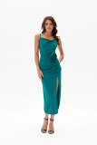 Midi-Kleid mit Raffung und dekorativer Rose in Grün