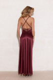 Satiniertes Maxi-Kleid mit Rückenschnürung in Bordeaux