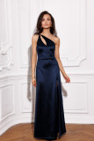 Langes Kleid mit Trägern und asymmetrischem Ausschnitt, dunkelblau