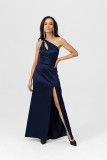 Langes Kleid mit Trägern und asymmetrischem Ausschnitt, dunkelblau
