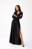 Schwarzes Brokat-Maxikleid mit langen Ärmeln
