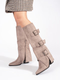 Beige Wildleder Stiefel mit Blockabsatz und Schnallen