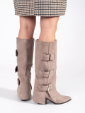 Beige Wildleder Stiefel mit Blockabsatz und Schnallen