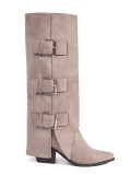 Beige Wildleder Stiefel mit Blockabsatz und Schnallen