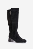 Schwarze Stiefel aus Öko-Veloursleder mit Blockabsatz bis zum Knie