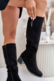 Schwarze Stiefel aus Öko-Veloursleder mit Blockabsatz bis zum Knie