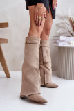 Beige Stiefel mit Blockabsatz und umgeschlagenem Schaft