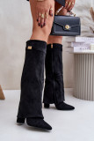 Schwarze Overknee-Stiefel aus Velourslederimitat mit Blockabsatz und umgeschlagenem Schaft