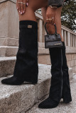 Schwarze Overknee-Stiefel aus Velourslederimitat mit Blockabsatz und umgeschlagenem Schaft