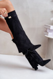 Schwarze Overknee-Stiefel aus Velourslederimitat mit Blockabsatz und umgeschlagenem Schaft