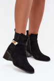 Gefütterte schwarze Stiefelette mit goldener Verzierung und Blockabsatz