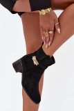 Gefütterte schwarze Stiefelette mit goldener Verzierung und Blockabsatz