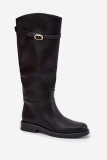 Schwarze Overknee-Stiefel mit flachem Absatz und goldener Schnalle