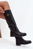 Schwarze Overknee-Stiefel mit flachem Absatz und goldener Schnalle