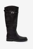 Schwarze Overknee-Stiefel mit flachem Absatz und goldener Schnalle