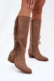 Cowboy-Stiefelette aus Velourslederimitat mit Absatz und Fransen, gefüttert, beige
