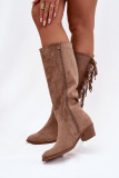 Cowboy-Stiefelette aus Velourslederimitat mit Absatz und Fransen, gefüttert, beige