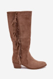 Cowboy-Stiefelette aus Velourslederimitat mit Absatz und Fransen, gefüttert, beige