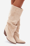Beige Stiefel aus Veloursleder mit gerafftem Schaft und Absatz