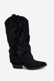 Schwarze Cowboy-Stiefelette aus Velourslederimitat mit umgeschlagenem Schaft und Blockabsatz