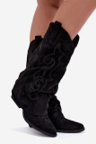 Schwarze Cowboy-Stiefelette aus Velourslederimitat mit umgeschlagenem Schaft und Blockabsatz