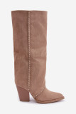 Beige Cowboystiefel aus Wildlederimitat mit Blockabsatz und Reißverschluss