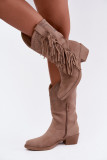 Beige Stiefelette mit Fransen und Absatzverzierung