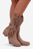 Beige Stiefelette mit Fransen und Absatzverzierung