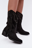 Schwarze Ankle Boots mit Fransen und Absatzverzierung