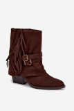 Cowboy-Stiefelette mit Blockabsatz, Fransen und umgeschlagenem Schaft, braun