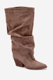 Beige Stiefel aus Veloursleder mit gerafftem Schaft und Absatz