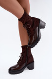 Braune Stiefelette mit Blockabsatz aus Kunstleder und Wildleder