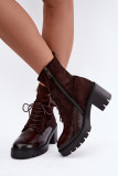 Braune Stiefelette mit Blockabsatz aus Kunstleder und Wildleder