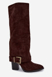 Stiefel mit Blockabsatz, umgeschlagenem Schaft und Schnalle, braun