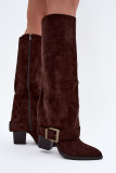 Stiefel mit Blockabsatz, umgeschlagenem Schaft und Schnalle, braun