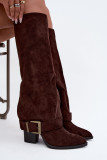 Stiefel mit Blockabsatz, umgeschlagenem Schaft und Schnalle, braun