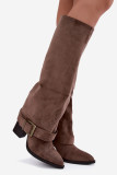 Stiefel mit Blockabsatz, umgeschlagenem Schaft und Schnalle, beige