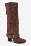 Stiefel mit Blockabsatz, umgeschlagenem Schaft und Schnalle, beige