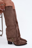 Stiefel mit Blockabsatz, umgeschlagenem Schaft und Schnalle, beige