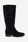 Gefütterte schwarze Overknee-Stiefel aus Veloursleder mit niedrigem Absatz