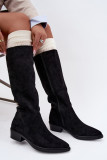 Gefütterte schwarze Overknee-Stiefel aus Veloursleder mit niedrigem Absatz