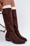 Gefütterte braune Overknee-Stiefel aus Veloursleder mit niedrigem Blockabsatz