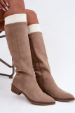 Gefütterte beige Overknee-Stiefel aus Veloursleder mit niedrigem Blockabsatz