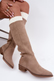 Gefütterte beige Overknee-Stiefel aus Veloursleder mit niedrigem Blockabsatz