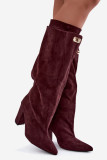 Gefütterte Overknee-Stiefel aus rotem Veloursleder mit Blockabsatz