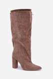Gefütterte Overknee-Stiefel aus Velourslederimitat mit doppeltem Schaft und Blockabsatz in Beige