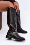 Schwarze Overknee-Stiefel mit dekorativem Riemen und flachem Absatz