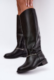 Schwarze Overknee-Stiefel mit dekorativem Riemen und flachem Absatz