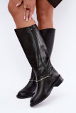 Schwarze Overknee-Stiefel mit dekorativem Riemen und flachem Absatz