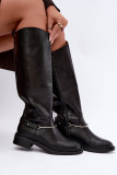 Schwarze Overknee-Stiefel mit dekorativem Riemen und flachem Absatz